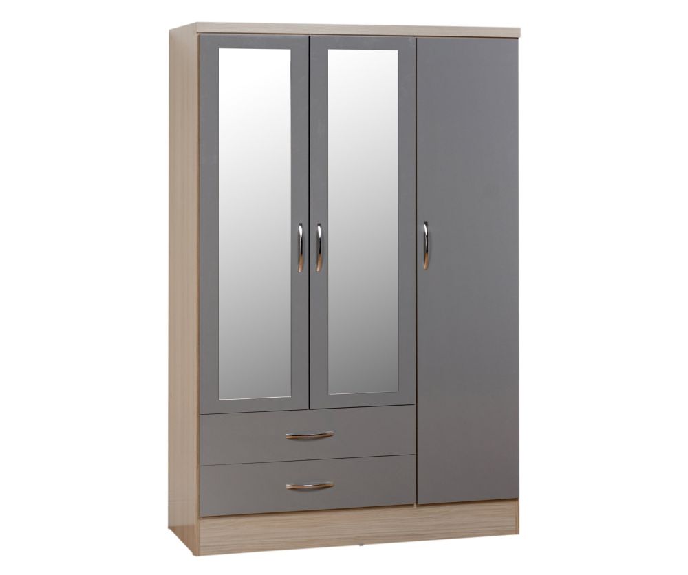 Seconique Nevada Grey High Gloss 3 Door 2 Drawer Mirrored Wardrobe