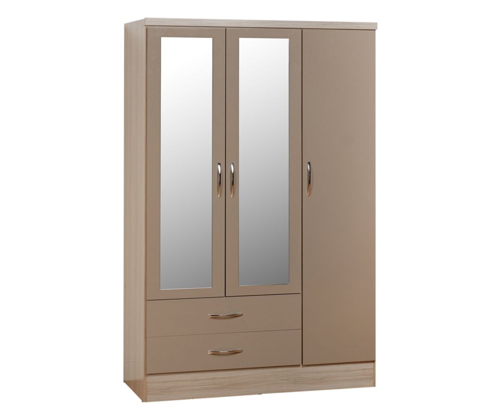 Seconique Nevada Oyster High Gloss 3 Door 2 Drawer Mirrored Wardrobe