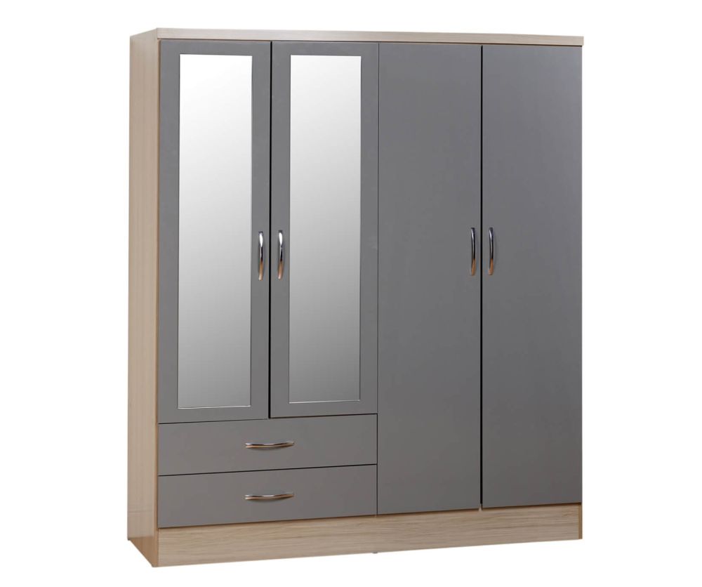 Seconique Nevada Grey High Gloss 4 Door 2 Drawer Mirrored Wardrobe