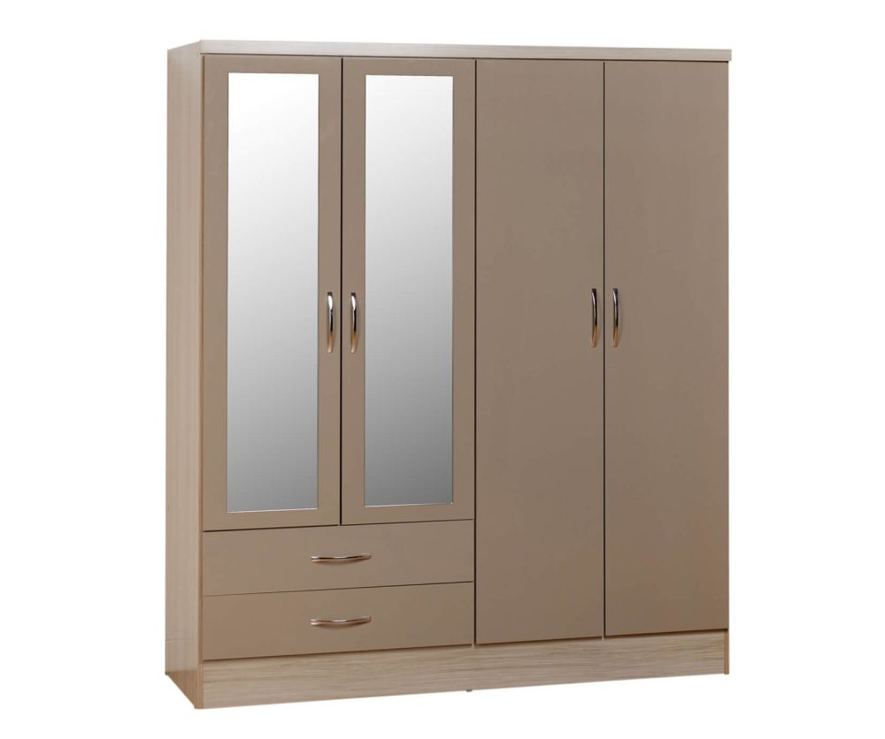 Seconique Nevada Oyster High Gloss 4 Door 2 Drawer Mirrored Wardrobe