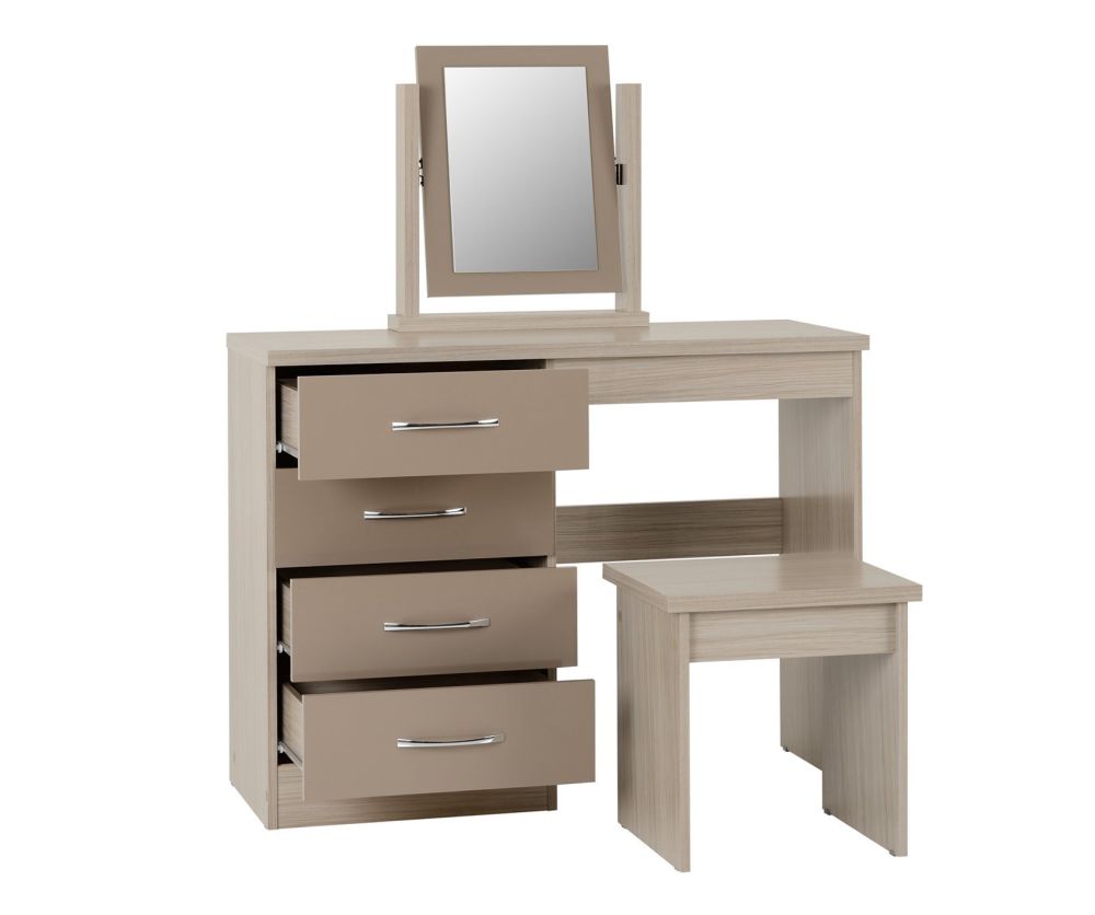 Seconique Nevada Oyster High Gloss and Light Oak 4 Drawer Dressing Table Set