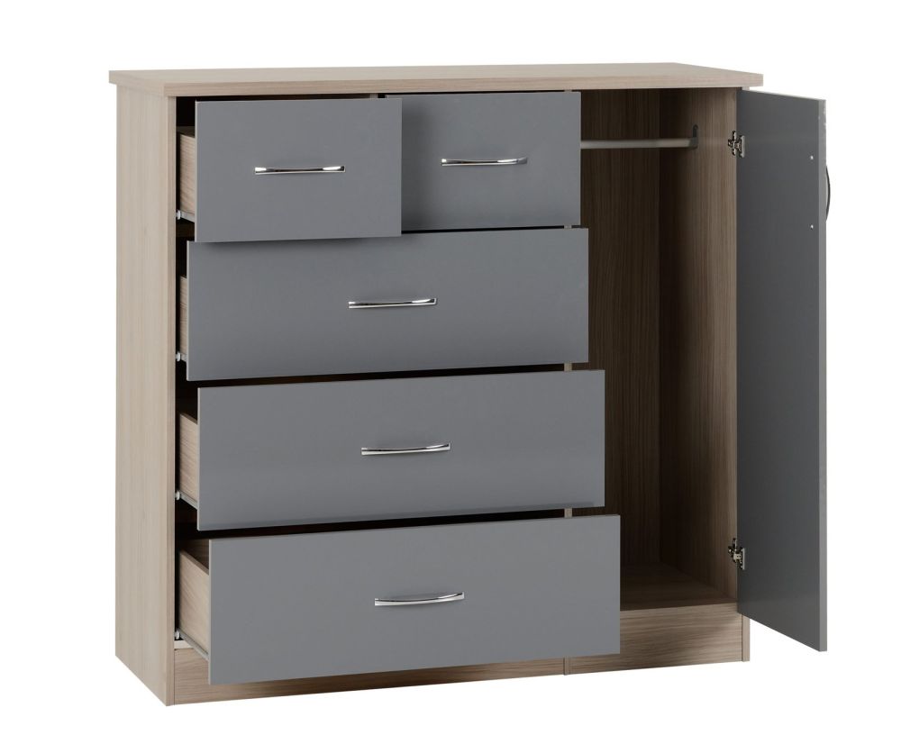 Seconique Nevada Grey Gloss and Light Oak 5 Drawer Low Wardrobe