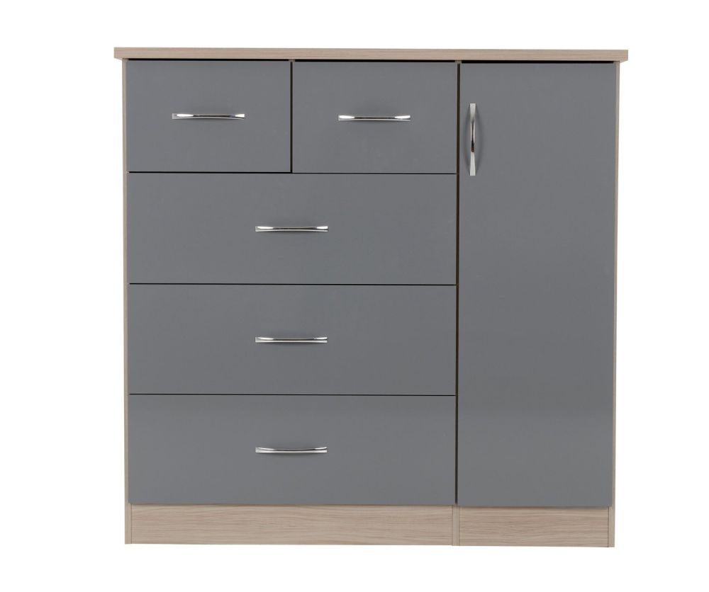 Seconique Nevada Grey Gloss and Light Oak 5 Drawer Low Wardrobe