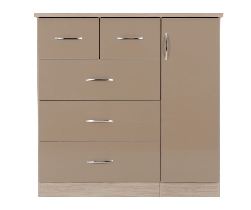 Seconique Nevada Oyster Gloss and Light Oak 5 Drawer Low Wardrobe