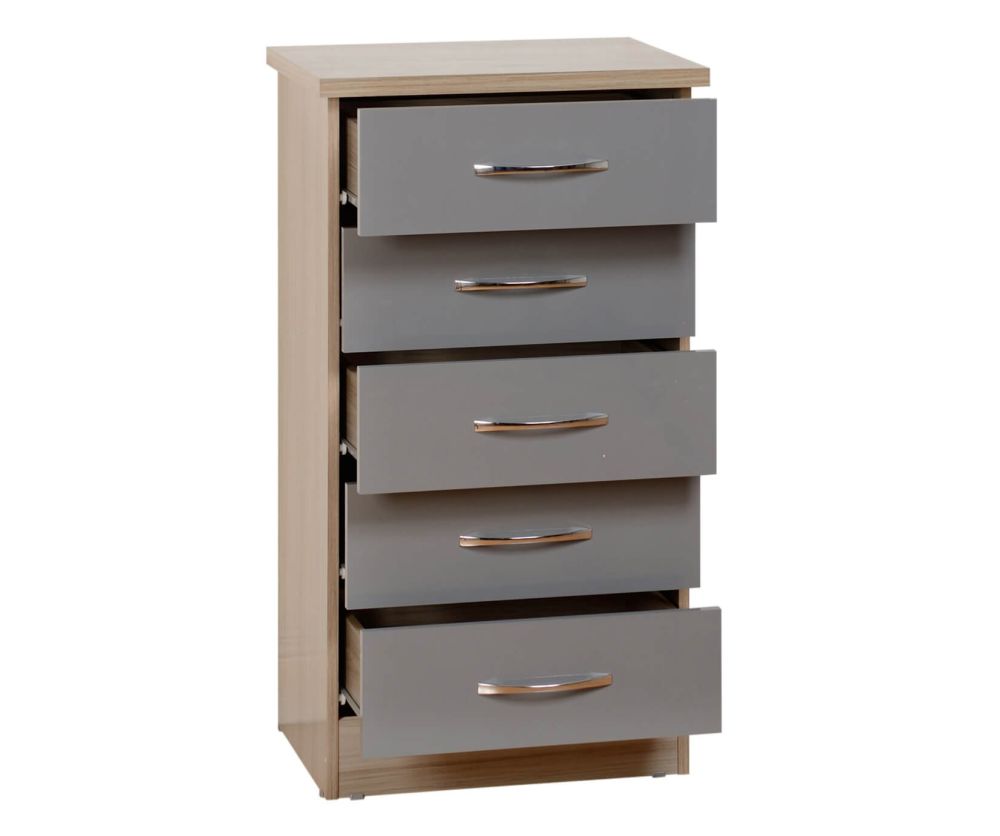 Seconique Nevada Grey High Gloss 5 Narrow Drawer Chest