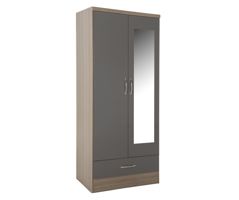 Seconique Nevada Grey High Gloss Mirrored 2 Door 1 Drawer Wardrobe