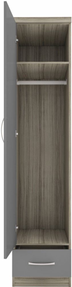 Seconique Furniture Nevada Grey Gloss and Light Oak Effect Veneer 1 Door 1 Drawer Combi Wardrobe 