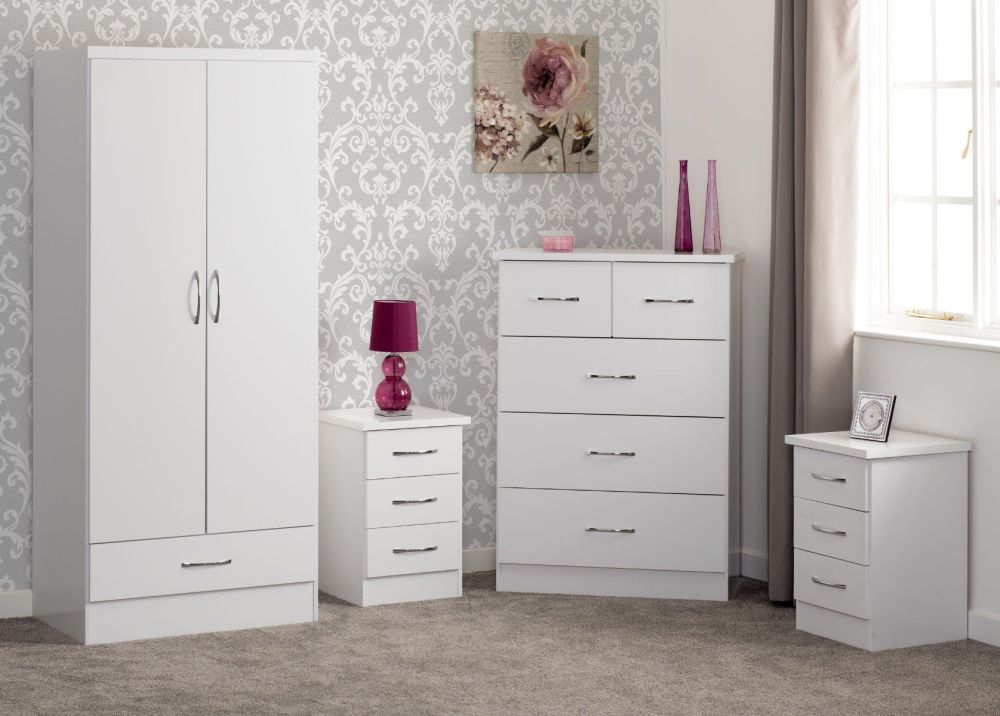 Seconique Furniture Nevada White Gloss 2 Door 1 Drawer Wardrobe Bedroom Set