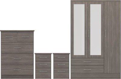 Seconique Furniture Nevada Black Wood Grain 3 Door 2 Drawer Mirrored Wardrobe Bedroom Set