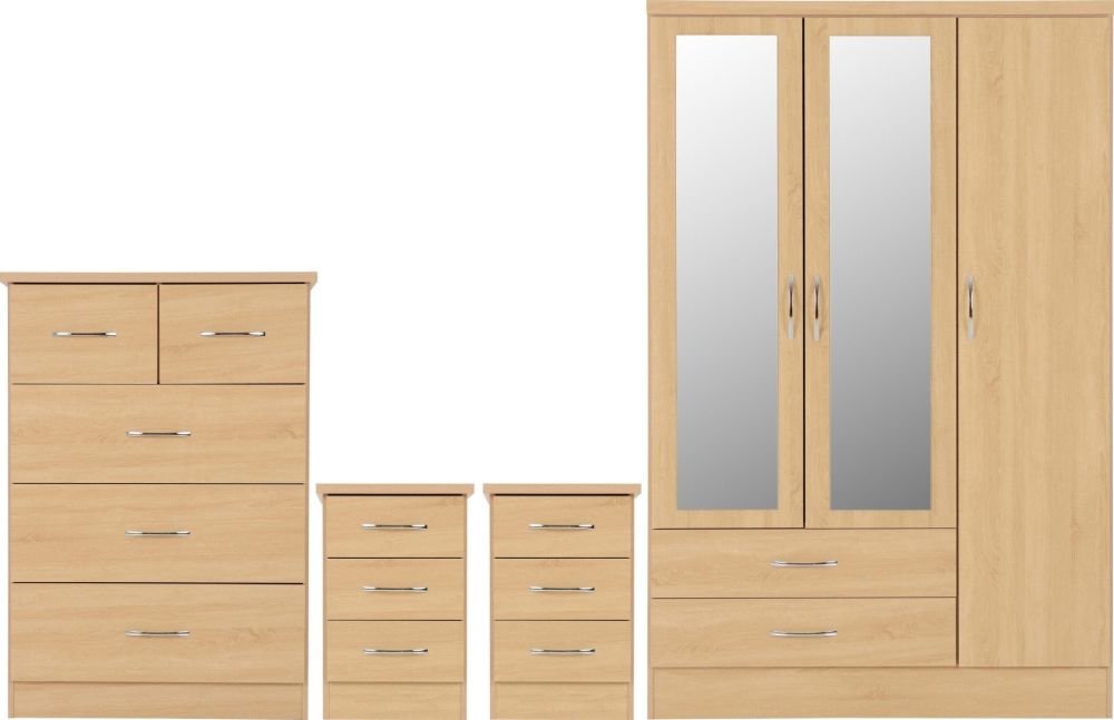 Seconique Furniture Nevada Sonoma Oak Effect 3 Door 2 Drawer Mirrored Wardrobe Bedroom Set