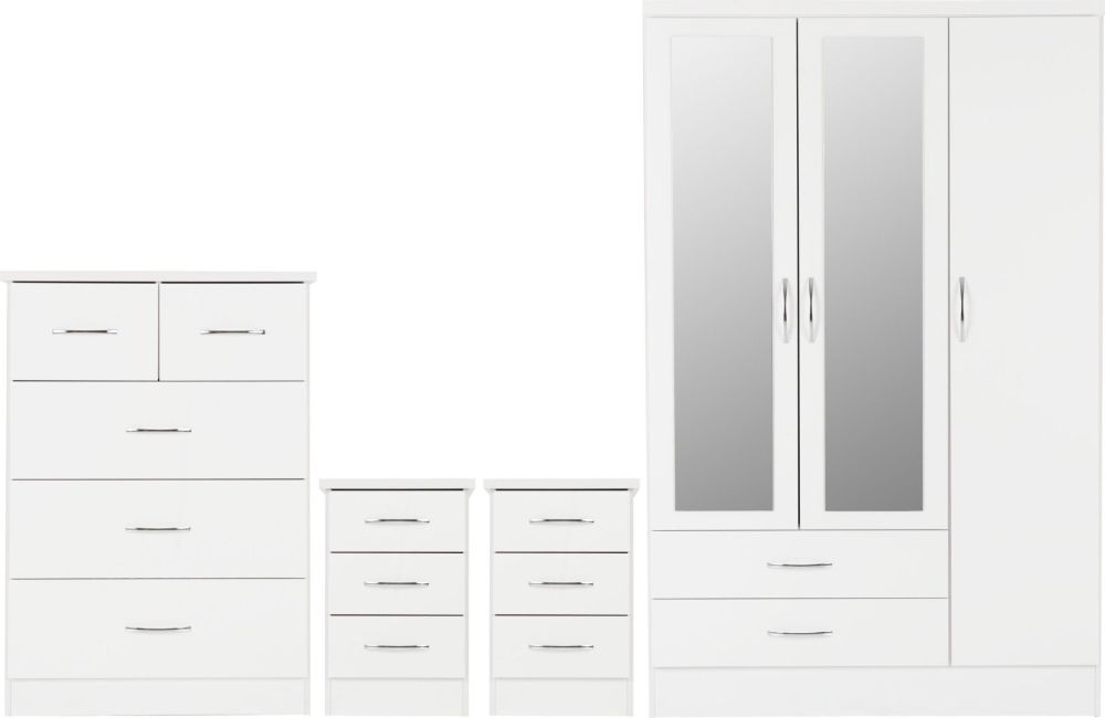 Seconique Furniture Nevada White Gloss 3 Door 2 Drawer Mirrored Wardrobe Bedroom Set