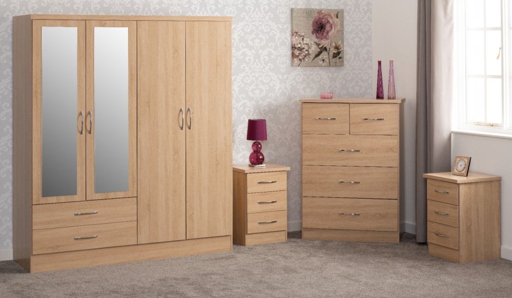 Seconique Furniture Nevada Sonoma Oak Effect 4 Door 2 Drawer Mirrored Wardrobe Bedroom Set