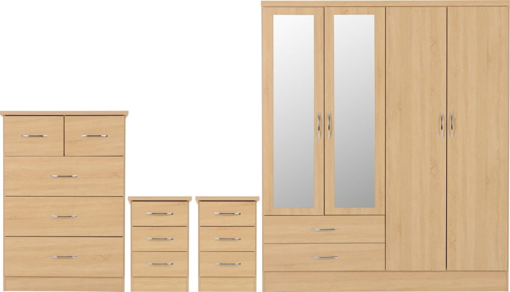 Seconique Furniture Nevada Sonoma Oak Effect 4 Door 2 Drawer Mirrored Wardrobe Bedroom Set