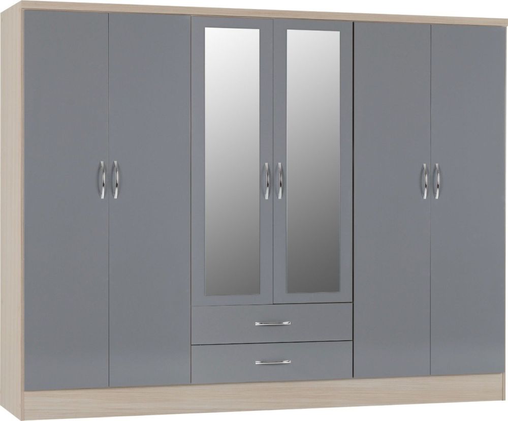 Seconique Furniture Nevada Grey Gloss and Light Oak Effect Veneer 6 Door 2 Drawer Combi Wardrobe with Mirror