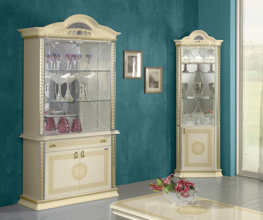 Ben Company New Venus Beige and Gold Italian Corner Display Cabinet