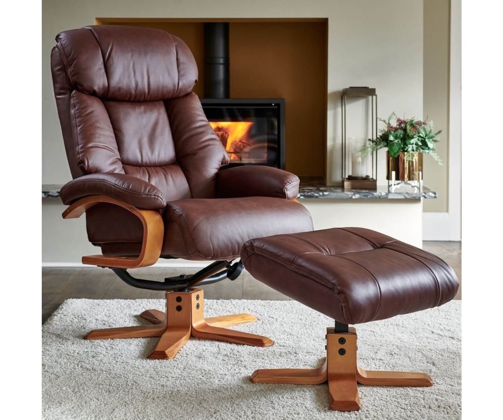 GFA Nice Chestnut Leather Swivel Recliner Chair with Footstool