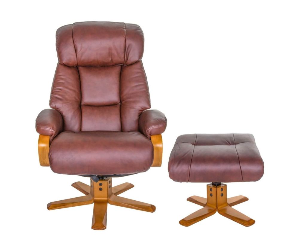 GFA Nice Chestnut Leather Swivel Recliner Chair with Footstool