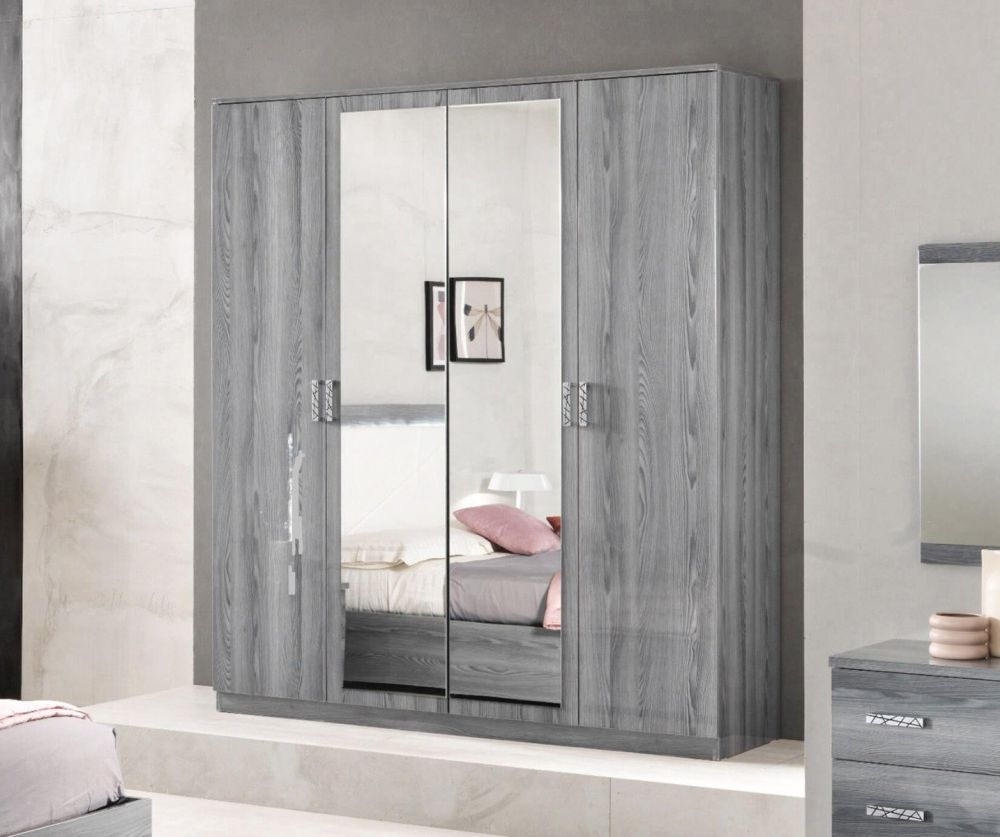 Ben Company Nicole Grey Finish Italian Bedroom Set with 4 Door Wardrobe