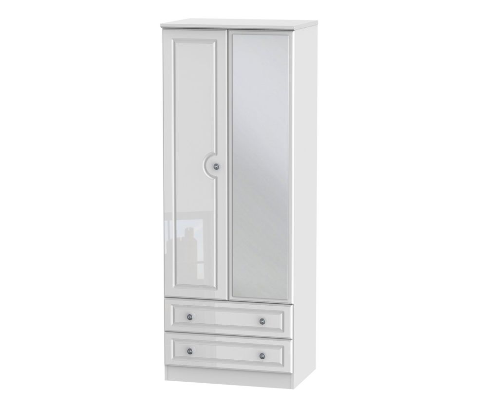 Welcome Furniture Pembroke White High Gloss Tall 2ft6in 2 Drawer Mirror Wardrobe