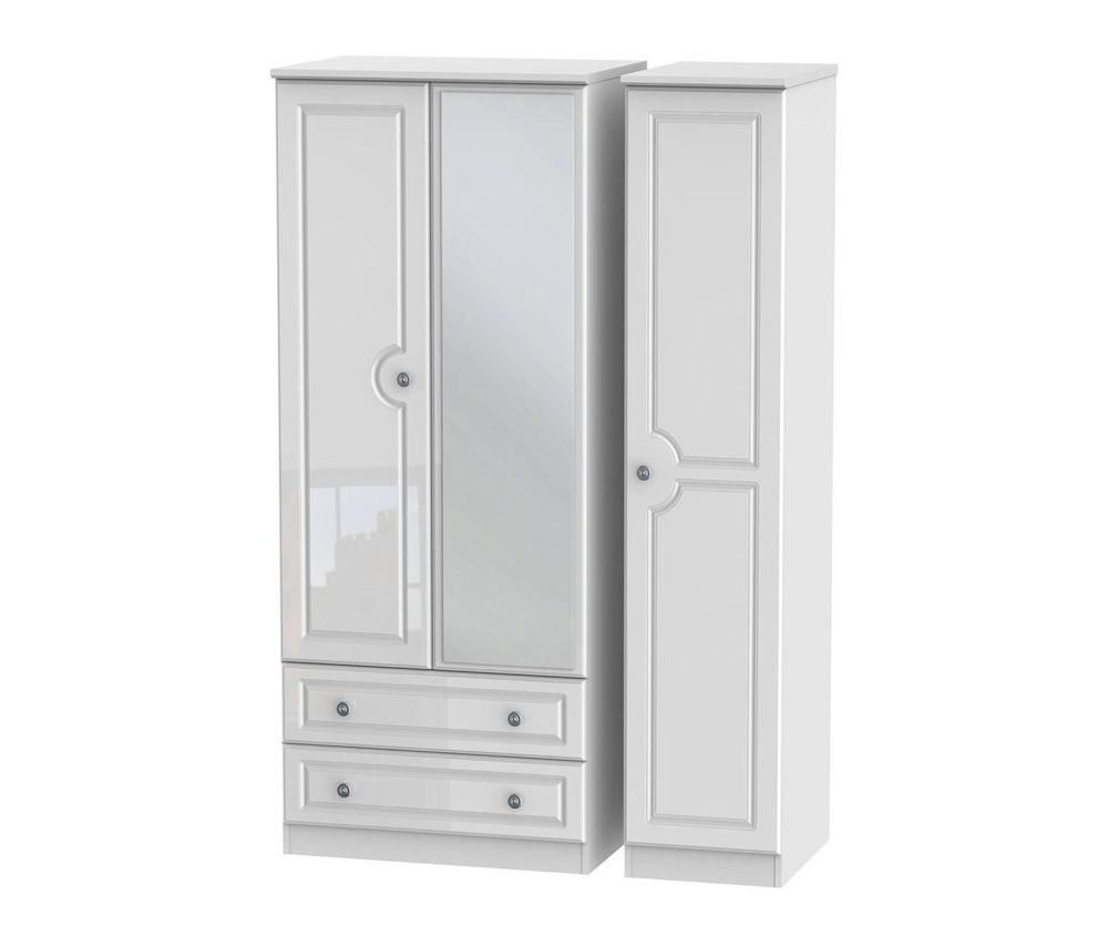 Welcome Furniture Pembroke White High Gloss Triple 2 Drawer Mirror Wardrobe