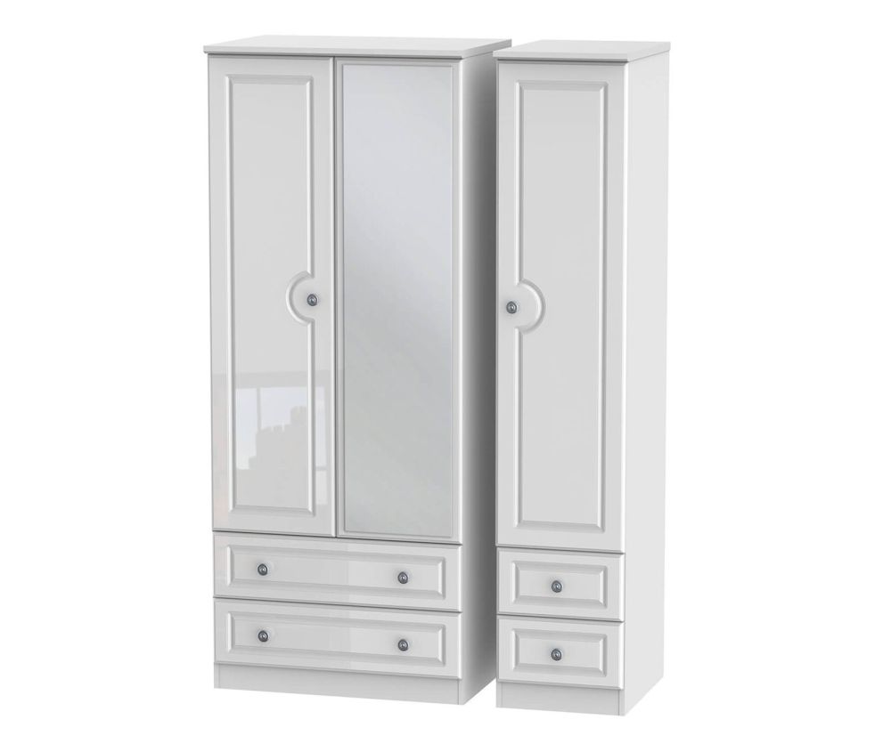 Welcome Furniture Pembroke White High Gloss Triple 2 Drawer Mirror with Single Drawer Wardrobe