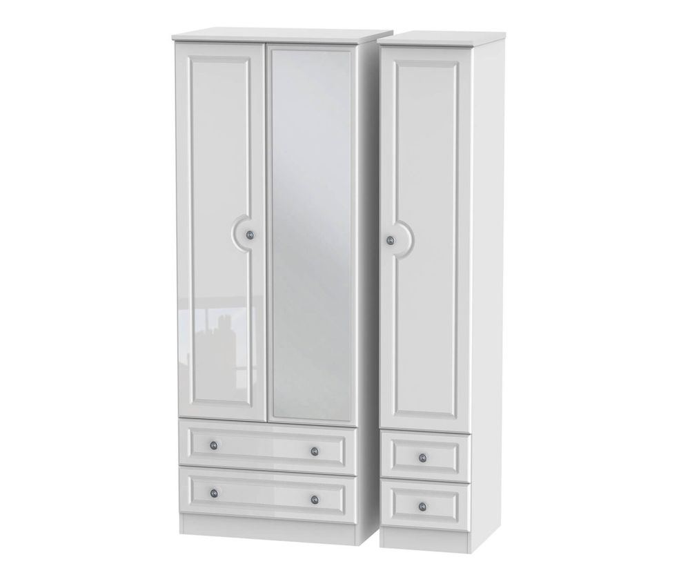 Welcome Furniture Pembroke White High Gloss Tall Triple 2 Drawer Mirror Wardrobe with Single Drawer Wardrobe