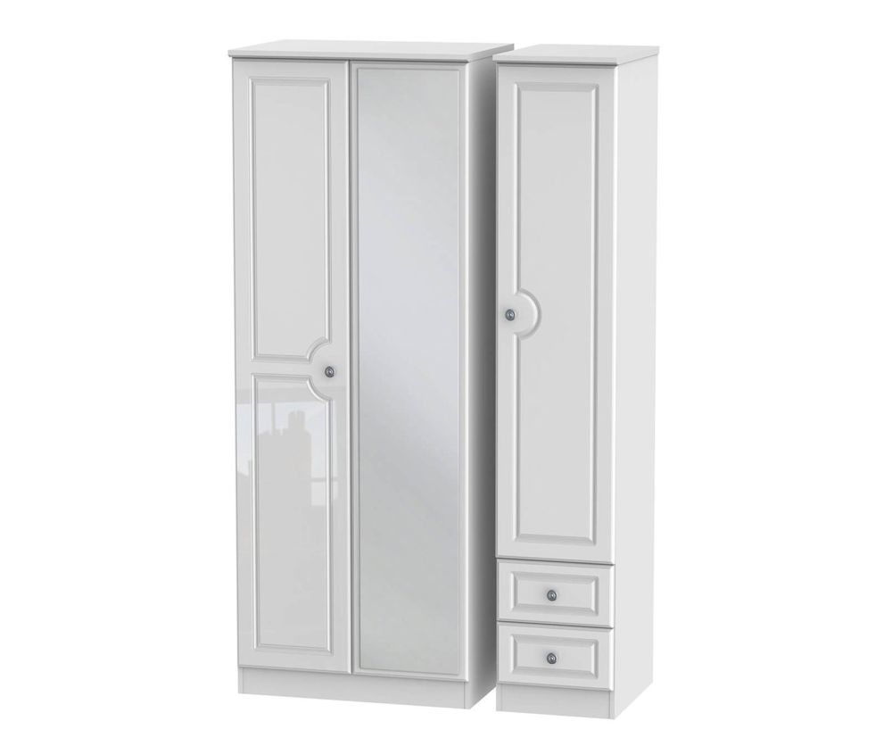Welcome Furniture Pembroke White High Gloss Tall Triple Mirror with Single Drawer Wardrobe