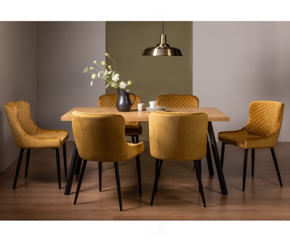 Bentley Designs Ramsay Rustic Oak Dining Table with 4 Legs and 6 Cezanne Mustard Velvet Fabric Chairs with Sand Black Legs