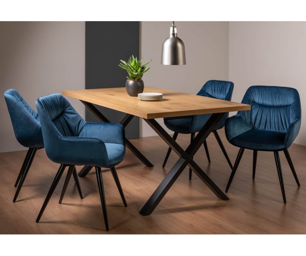 Bentley Designs Ramsay Rustic Oak Dining Table with X Leg and 4 Dali Petrol Blue Velvet Fabric Chairs with Sand Black Legs