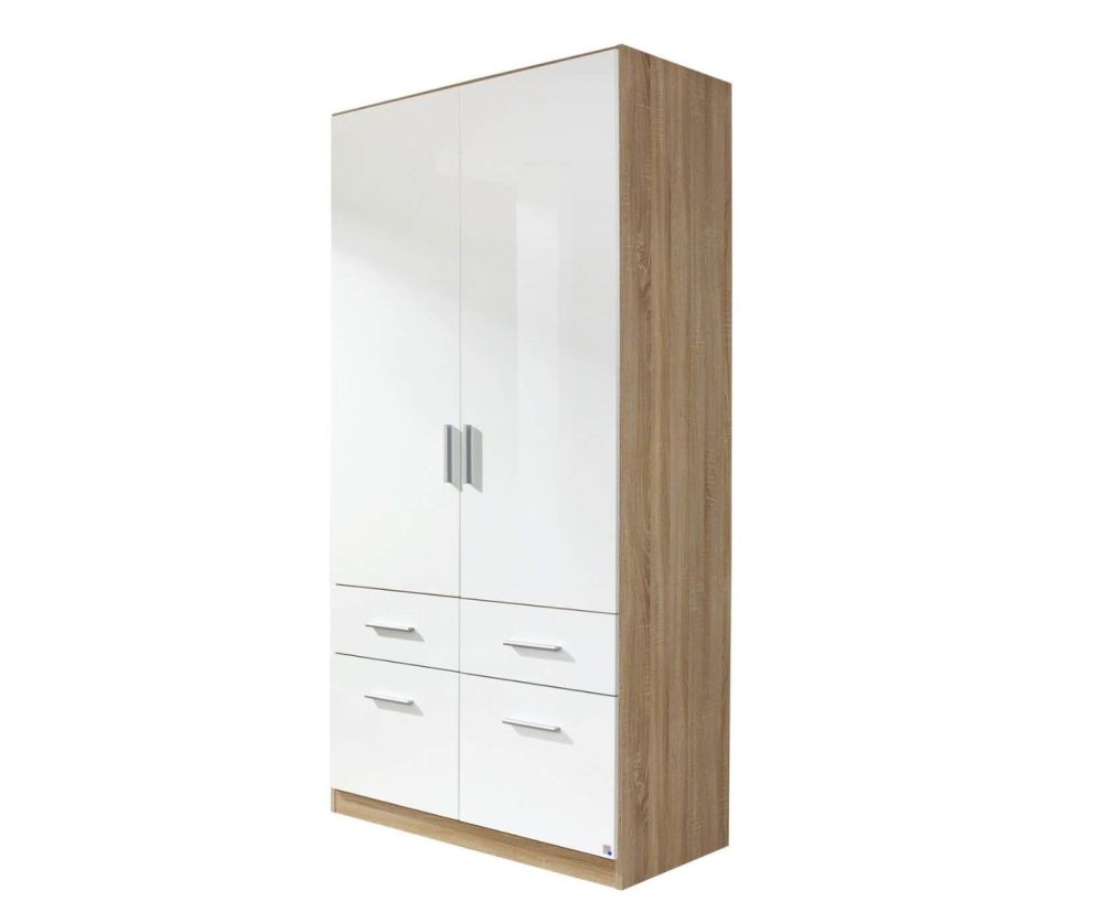 Rauch Celle Sanremo Light Oak with High Polish White 2 Door 4 Drawer Combi Wardrobe (W91cm)