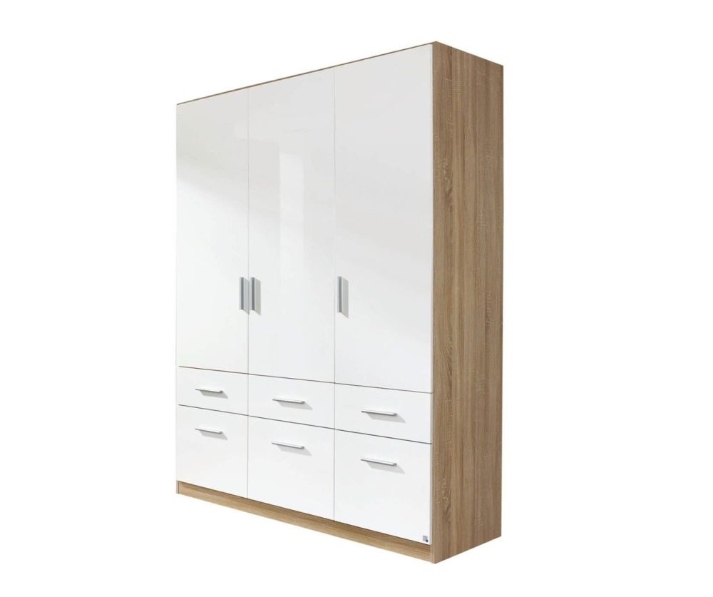 Rauch Celle Extra Sanremo Oak with High Gloss White 3 Door 6 Drawer Wardrobe (W136cm)