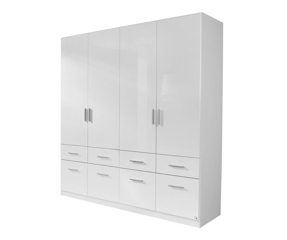 Rauch Celle Alpine White with High Polish White 4 Door 8 Drawer Combi Wardrobe with 2 Mirrors (W181cm)