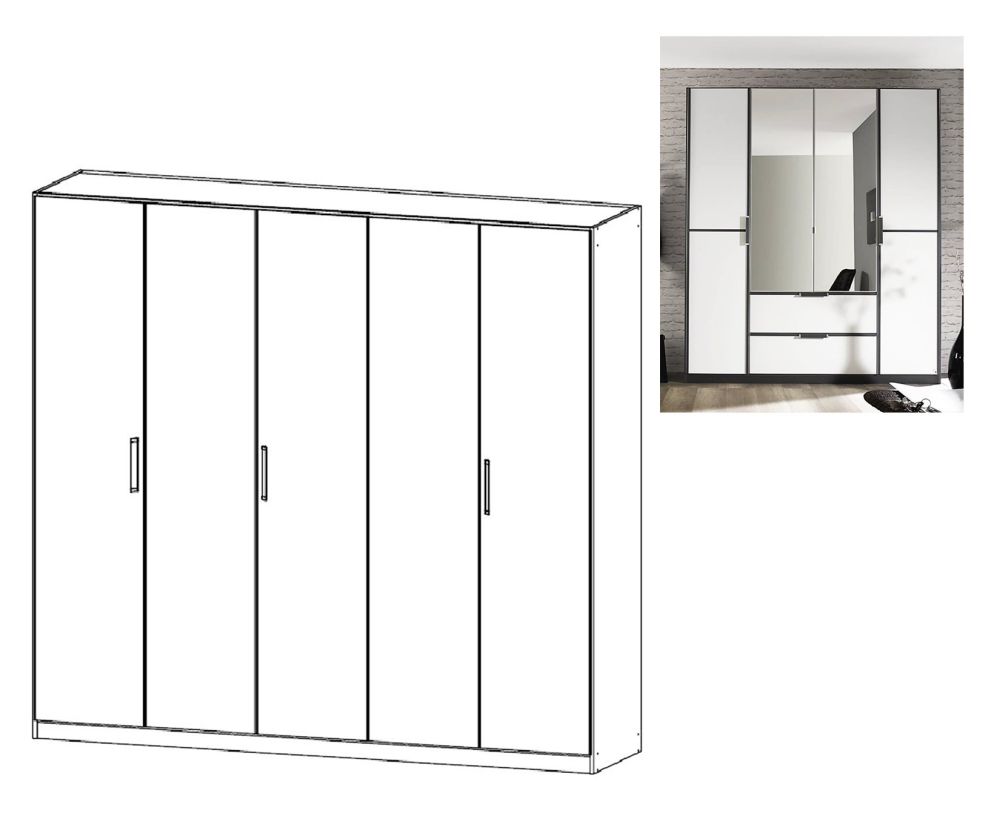 Rauch Essensa Metallic Grey with Alpine White 5 Door Wardrobe with Chrome Coloured Long Handle with Vertical and Horizontal Trims (W226cm)
