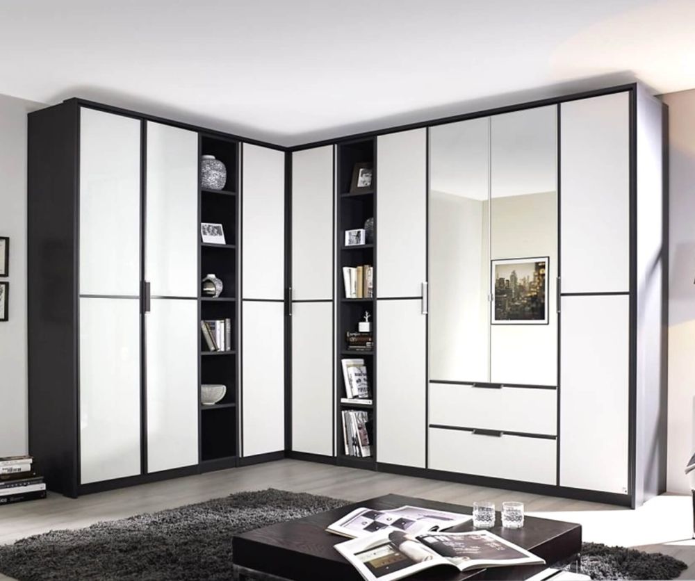 Rauch Essensa Metallic Grey with Alpine White 3 Door 1 Mirror Wardrobe with Carcass Coloured Short Handle with Vertical and Horizontal Trims (W136cm)