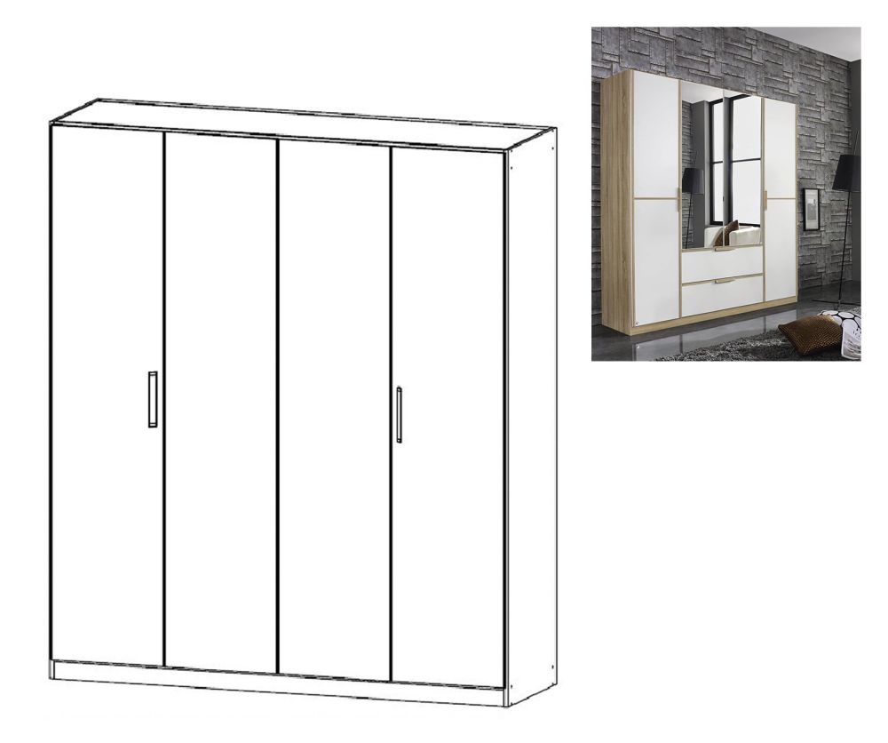 Rauch Essensa Sonoma Oak with Alpine White 4 Door Wardrobe Chrome Coloured Short Handle with Vertical and Horizontal Trims (W181cm)