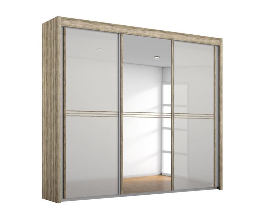 Rauch Ravello 2 Door 1 Mirror Sliding Wardrobe in Sanremo Oak Light and Glass Silk Grey - W 151cm H 197cm