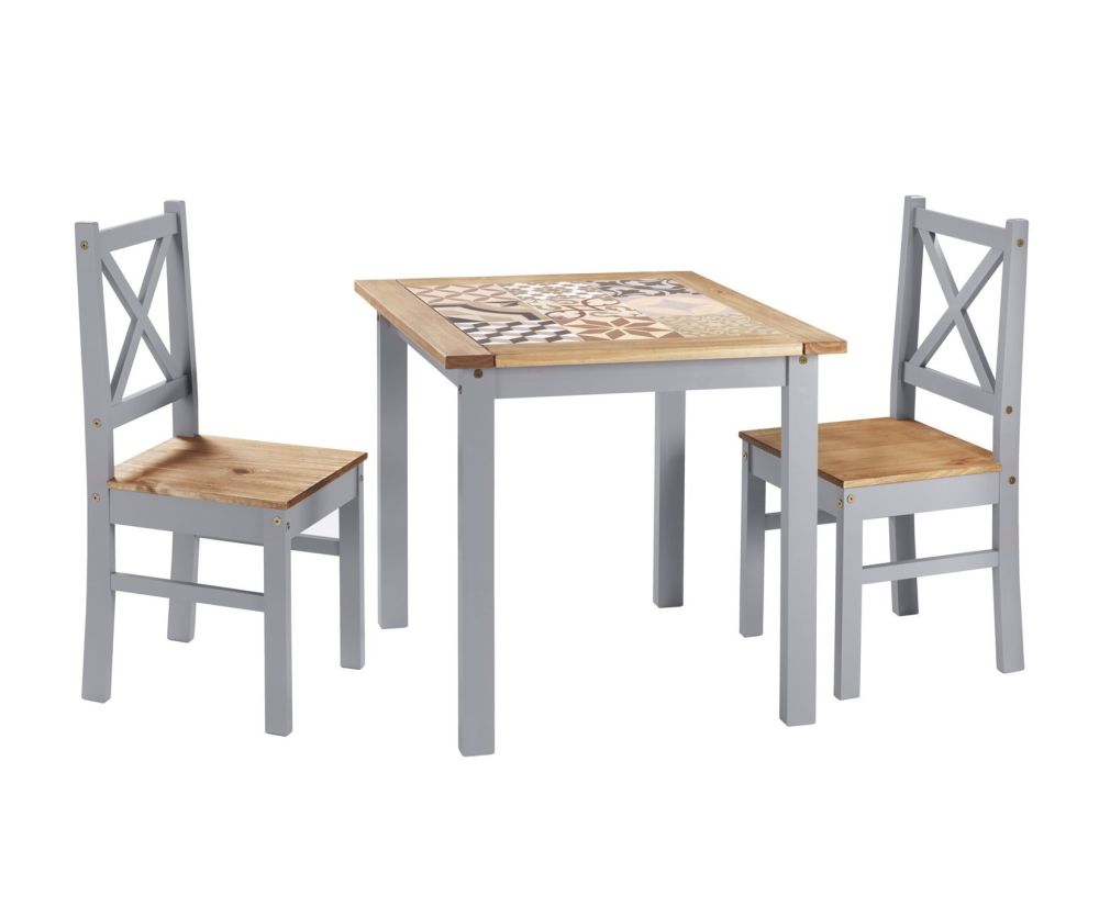 Seconique Salvador Tile Top Slate Grey and Distresses Waxed Pine Dining Set with 2 Chairs