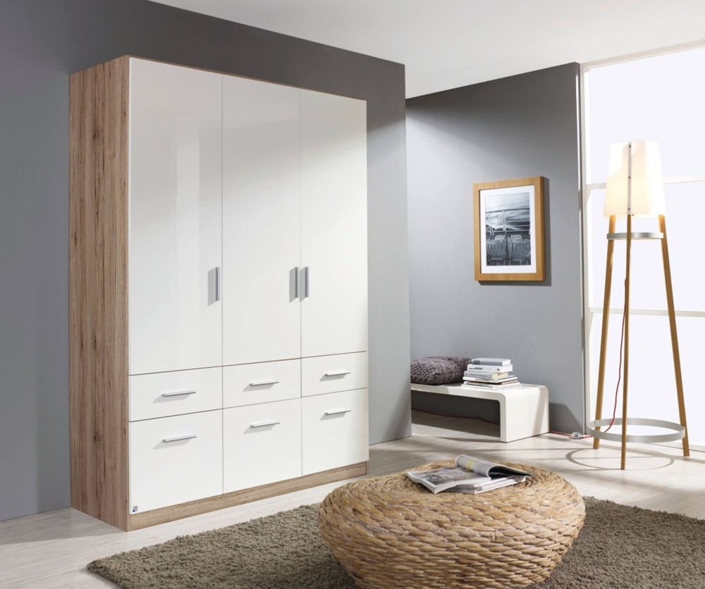 Rauch Celle Sanremo Light Oak with High Polish White 3 Door 6 Drawer Combi Wardrobe with 1 Mirror (W136cm)