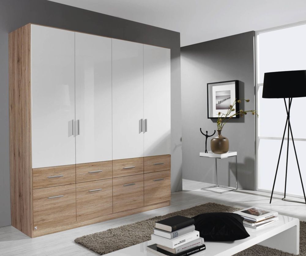 Rauch Celle Extra Sanremo Oak with High Gloss White 4 Door 8 Drawer Wardrobe (W181cm)