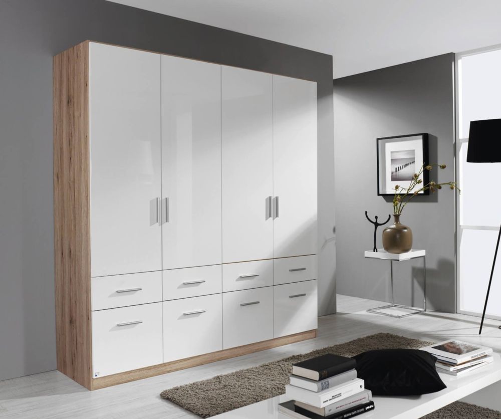 Rauch Celle Sanremo Light Oak with High Polish White 4 Door 8 Drawer Combi Wardrobe with 2 Mirrors (W181cm)