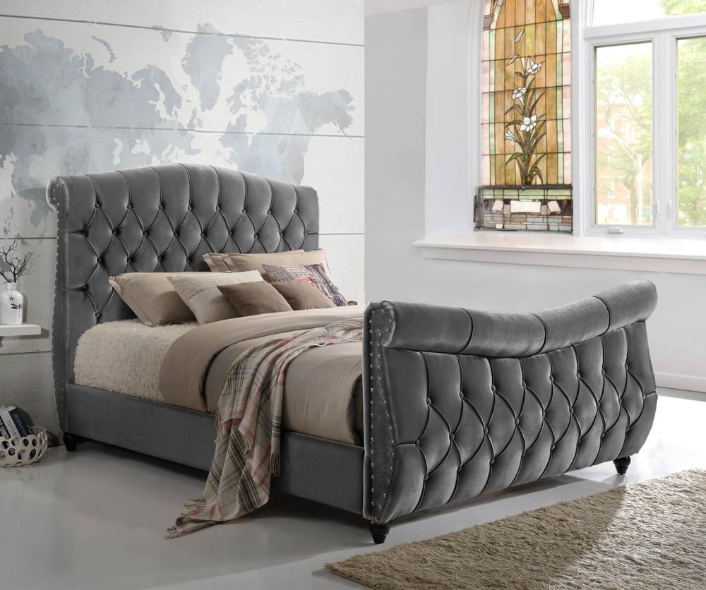 Sareer Lachelle Grey Fabric Sleigh Bed Frame