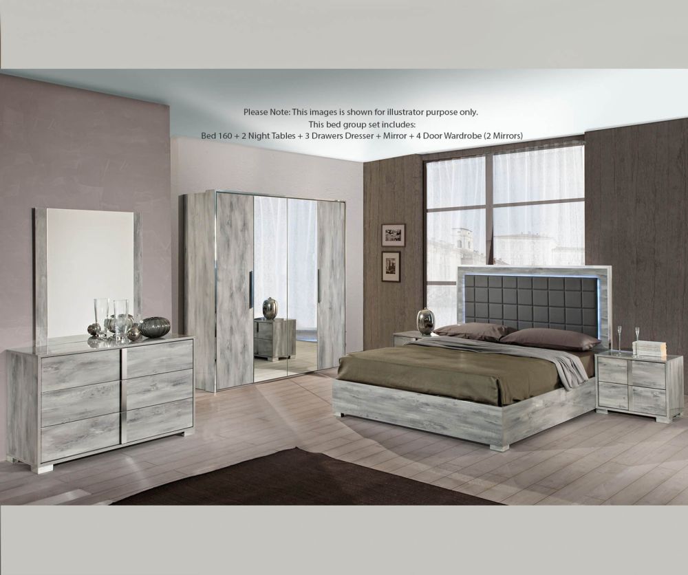 H2O Design Serena Light Grey Italian Bedroom Set with 4 Door Wardrobe