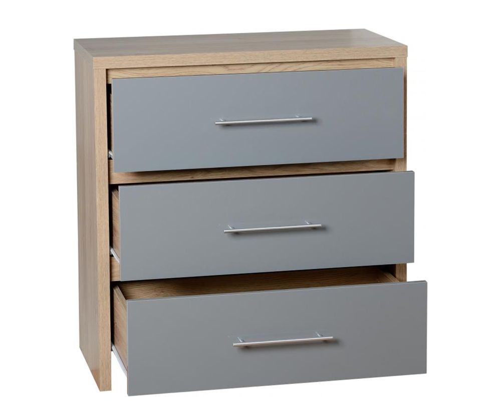 Seconique Seville Light Oak and Grey High Gloss 3 Drawer Chest