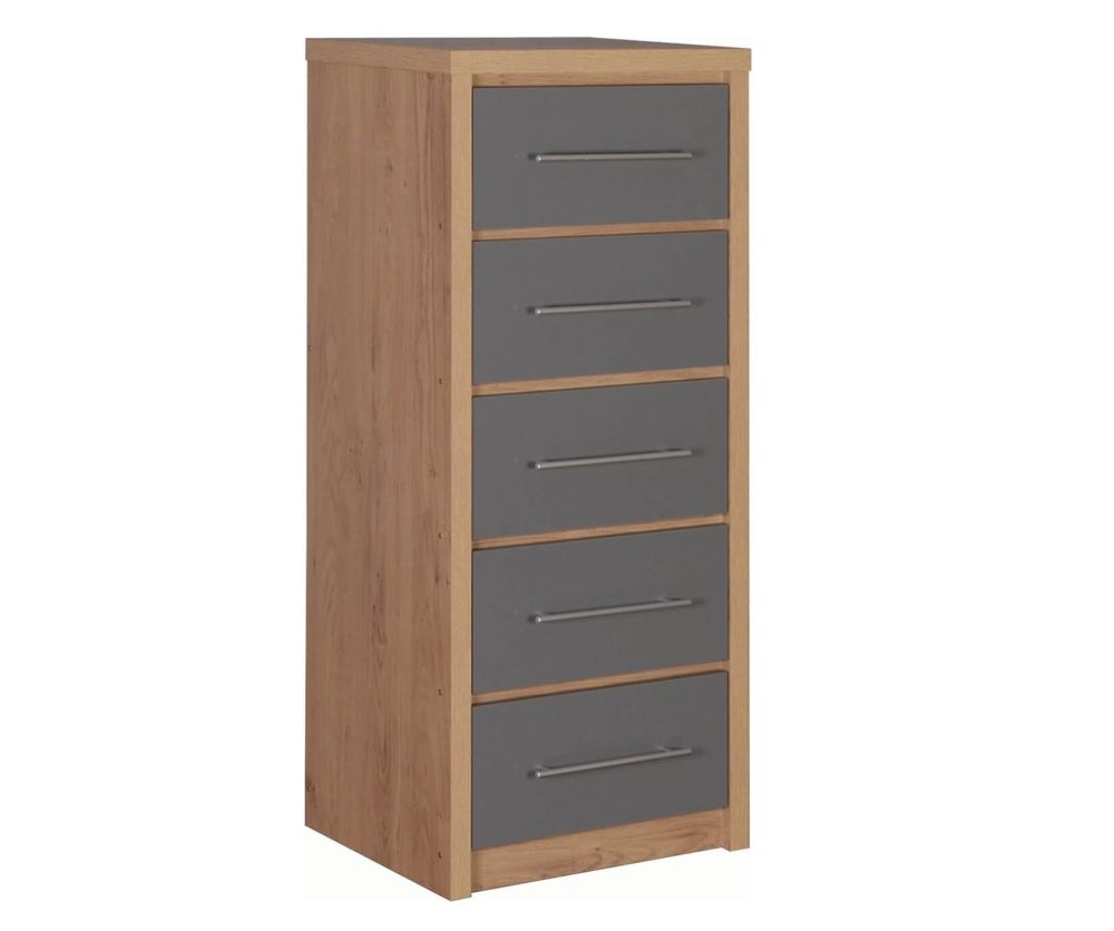 Seconique Seville Light Oak and Grey High Gloss 5 Narrow Drawer Chest