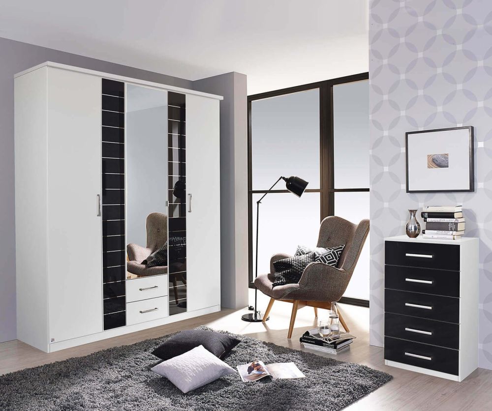 Rauch Terano Alpine White with Basalt Glass Overlay 6 Door 2 Drawer and 2 Mirror Wardrobe (W271cm)