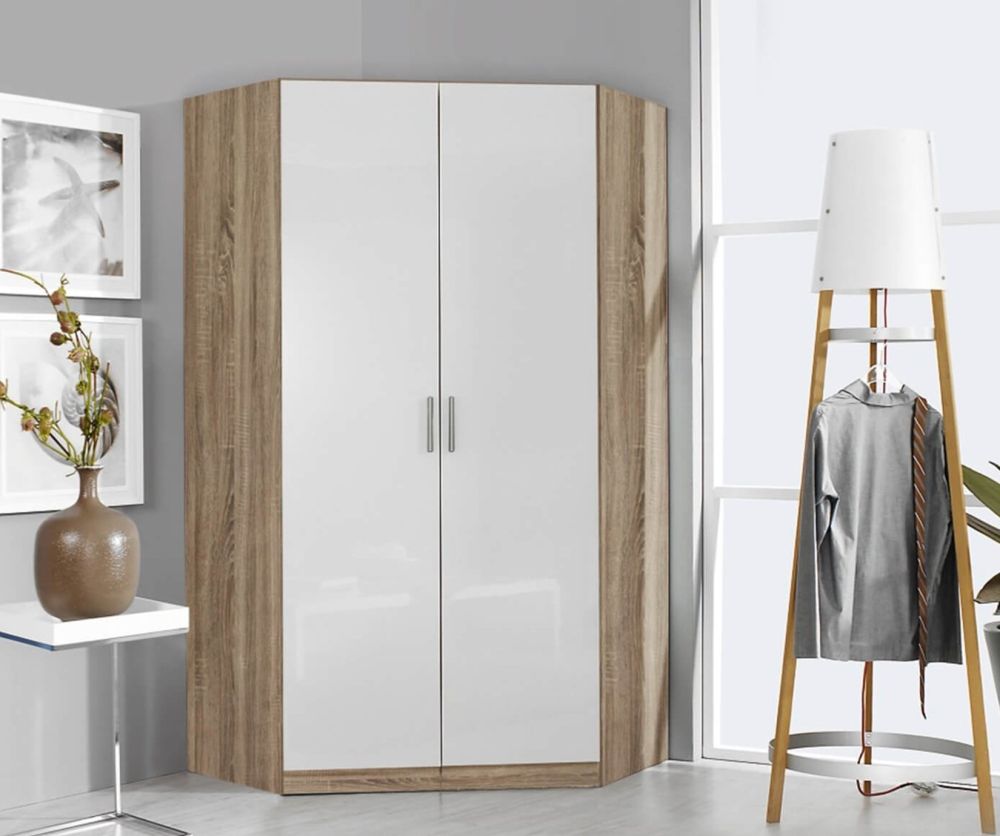 Rauch Celle Sonoma Oak with High Polish White 2 Door Corner Wardrobe with 2 Mirrors (W117cm)