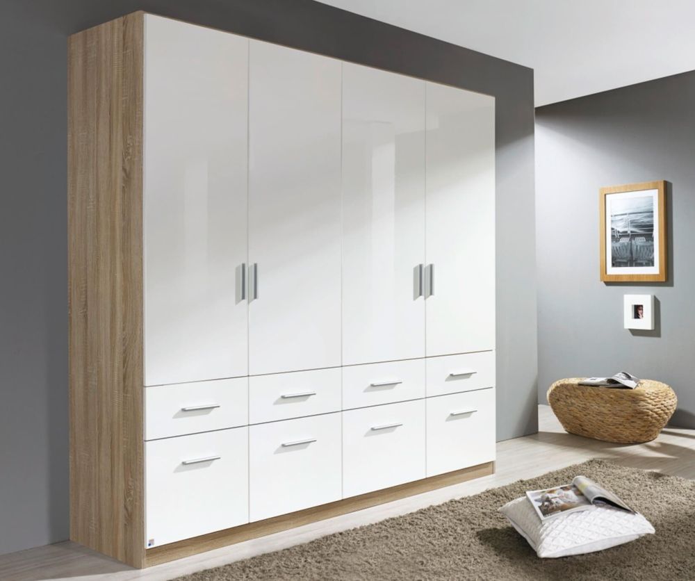 Rauch Celle Sonoma Oak with High Polish White 4 Door 8 Drawer Combi Wardrobe with 2 Mirror (W181cm)