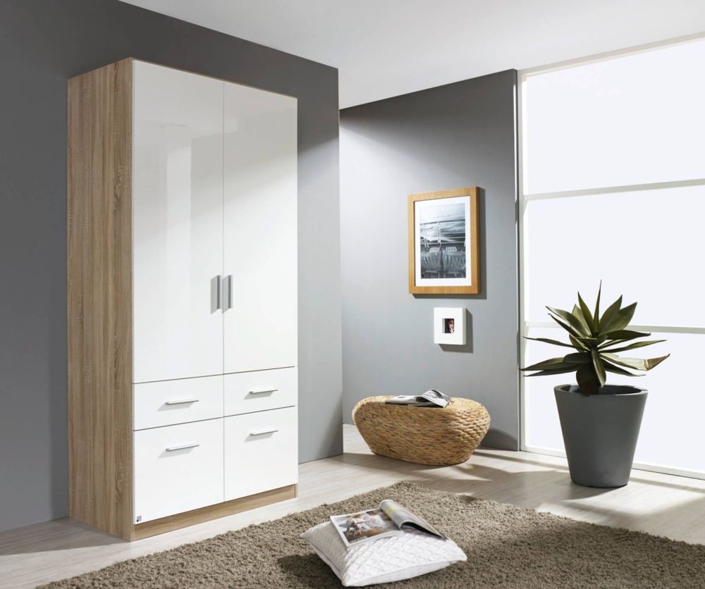 Rauch Celle Sonoma Oak with High Polish White 3 Door 6 Drawer Combi Wardrobe with 1 Mirror (W136cm)