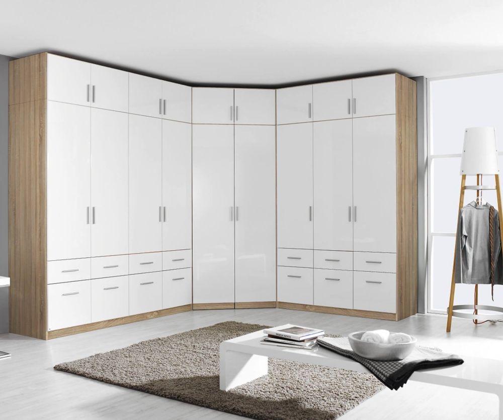 Rauch Celle Sonoma Oak with High Polish White 3 Door 6 Drawer Combi Wardrobe with 1 Mirror (W136cm)