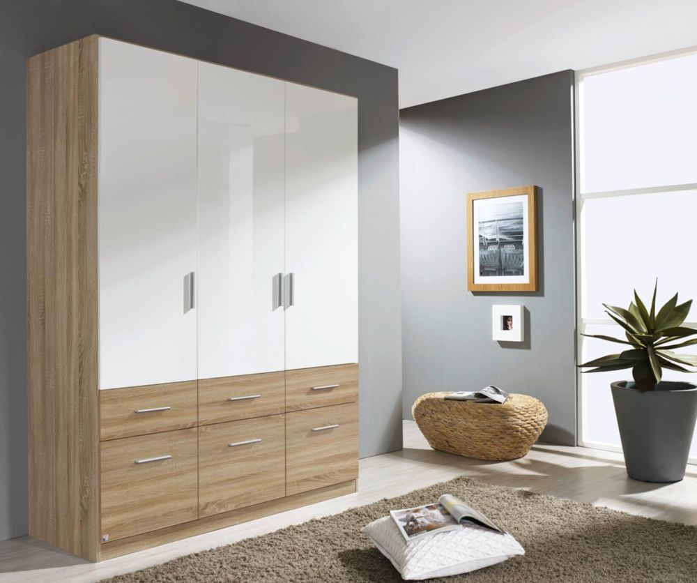 Rauch Celle Extra Sonoma Oak with High Gloss White 3 Door 6 Drawer Wardrobe (W136cm)